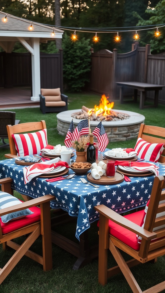 Outdoor table setup with BBQ and fire pit, featuring patriotic decorations and snacks.