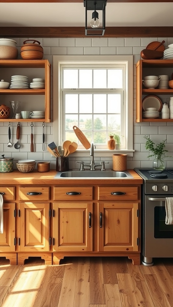 A cozy kitchen featuring classic butcher block countertops with wooden cabinets and natural light.