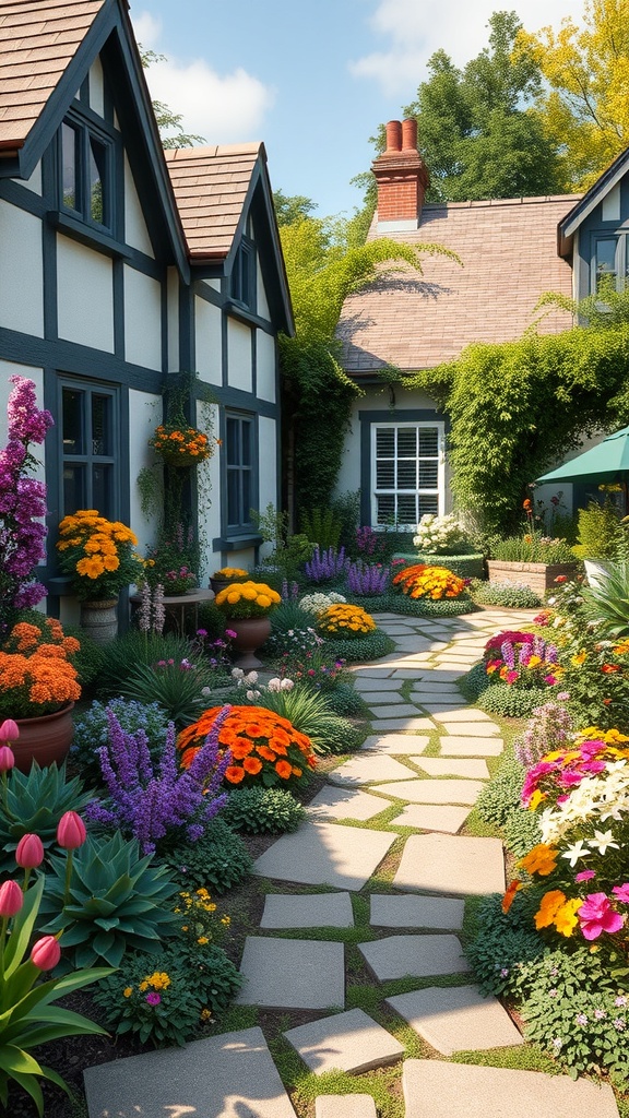 A beautiful English cottage garden with colorful flowers and a stone pathway.