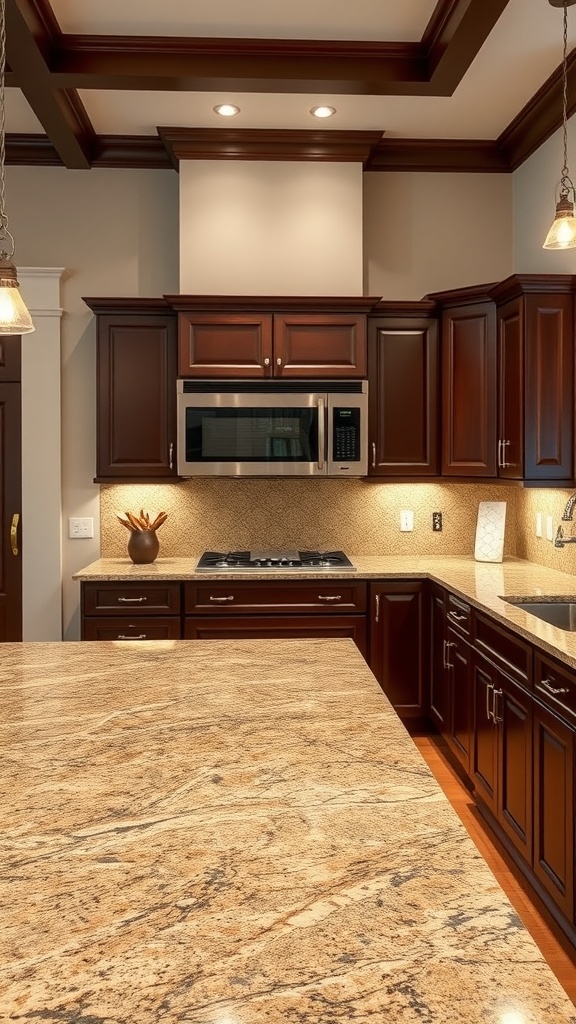 A kitchen featuring classic granite countertops and dark wooden cabinets.