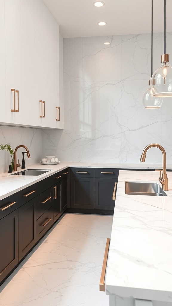 A modern kitchen featuring classic marble countertops with unique veining and dark cabinetry.