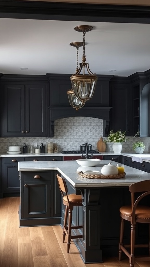 A classic Shaker style kitchen featuring dark cabinetry and warm wood accents.