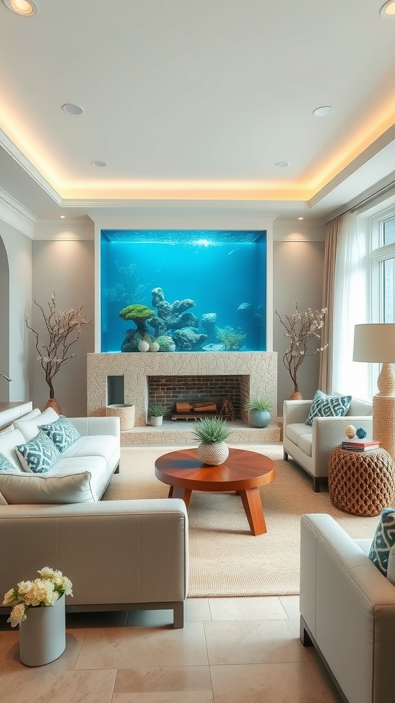 A modern living room with a coastal-inspired color palette featuring soft blues and whites.
