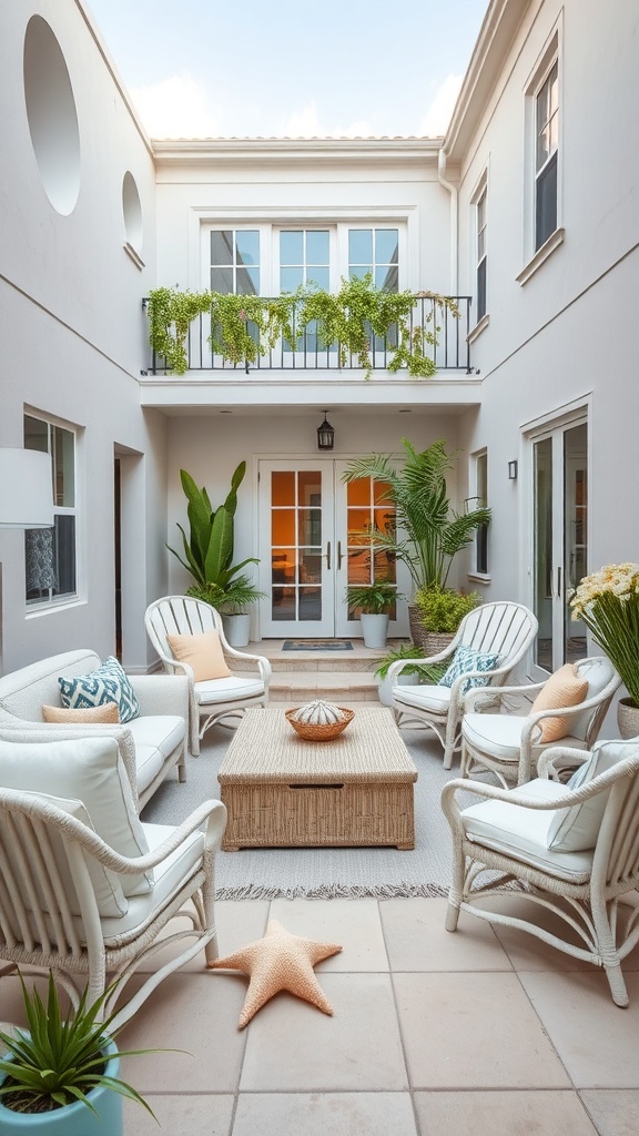 Coastal breeze lounge with white chairs, a woven coffee table, and plants in a courtyard setting.