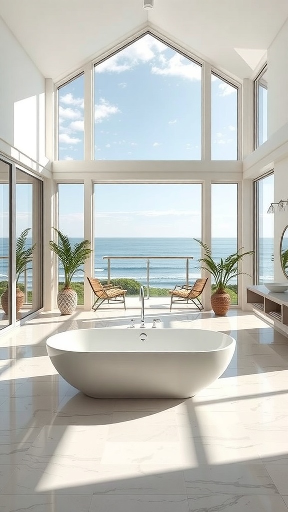 A bright, open room with large windows overlooking the ocean, featuring a modern bathtub and comfortable seating.