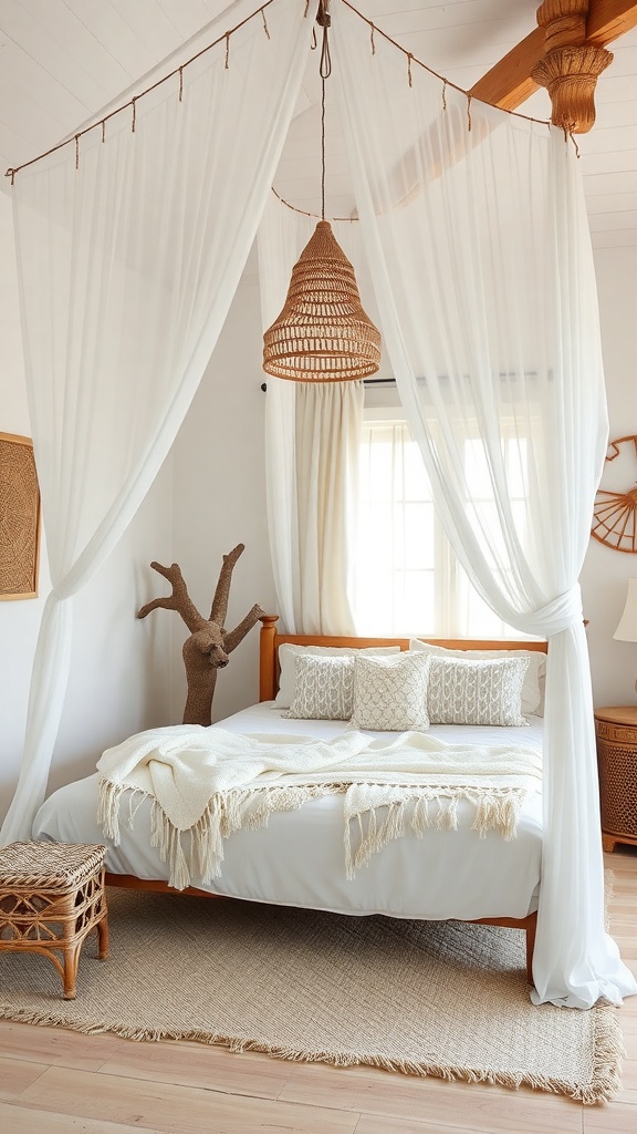 A cozy canopy bedroom featuring light curtains, a woven pendant light, and natural decor elements.