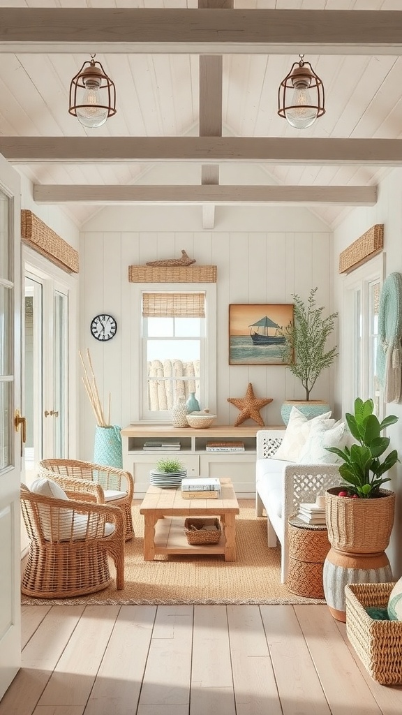 A cozy coastal cottage interior with light wood beams, soft furnishings, and natural decor.