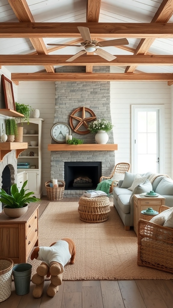 Cozy living room with coastal farmhouse decor, featuring a stone fireplace, wooden beams, and comfortable seating.