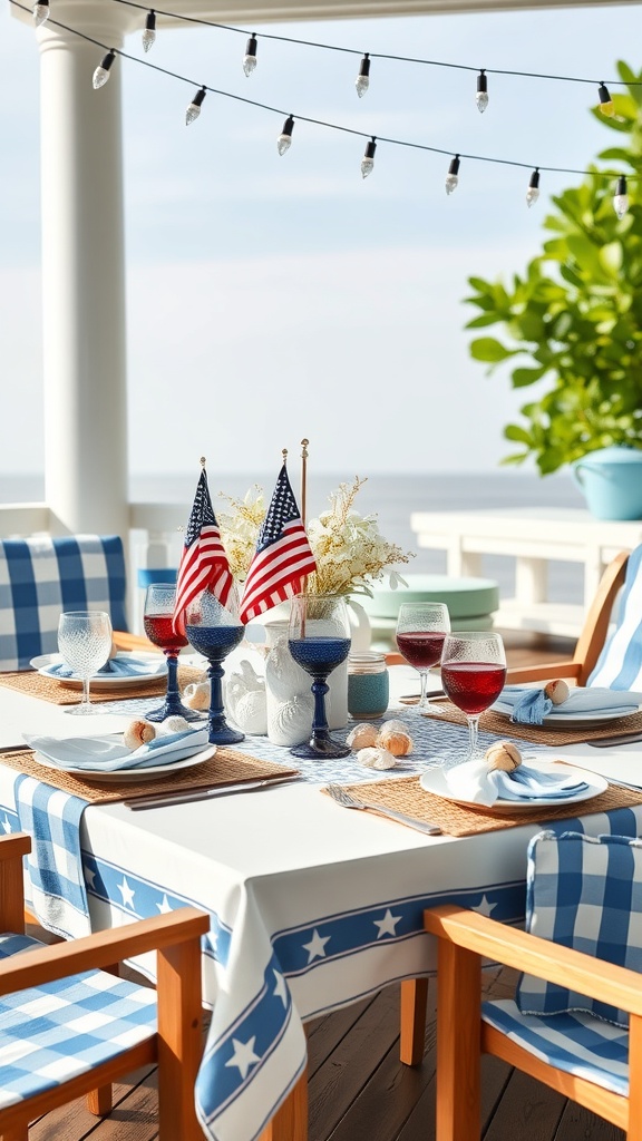 A coastal-themed Independence Day outdoor tablescape featuring blue and white checkered patterns, American flags, and fresh flowers.