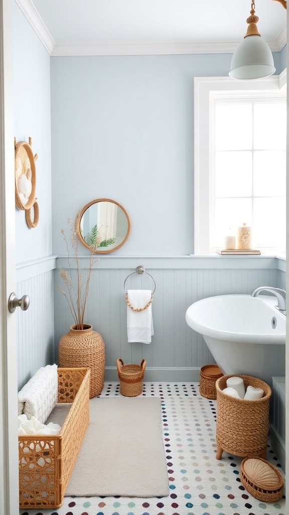 A serene bathroom with soft blue walls, a freestanding tub, and natural decor elements.