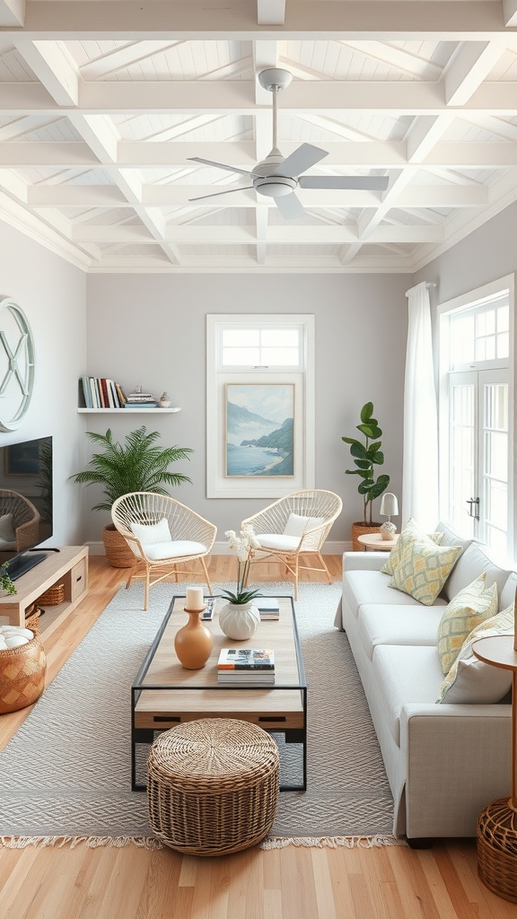 A serene coastal living room featuring light colors, natural materials, and plants.