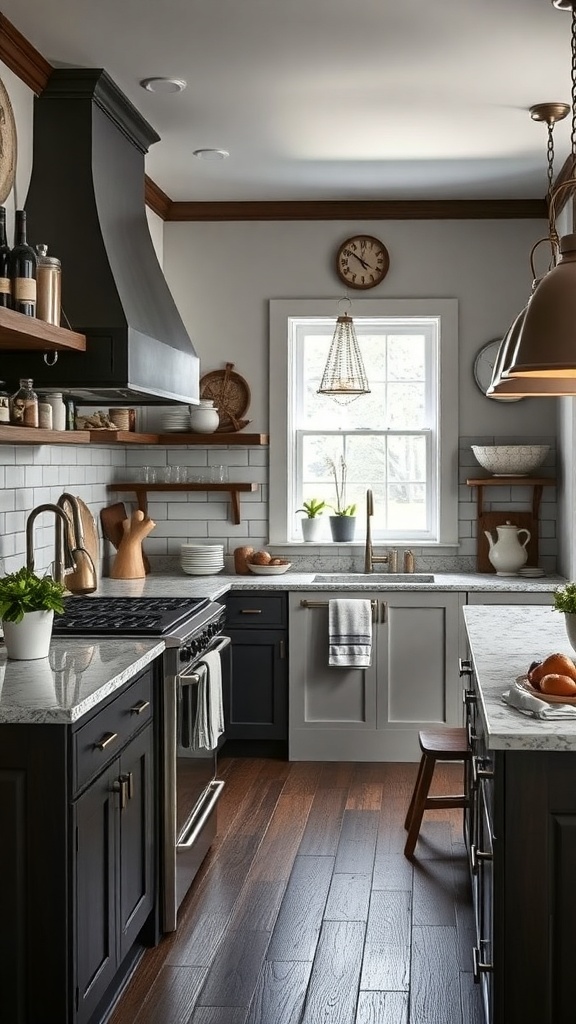 A cozy kitchen featuring dark wood cabinets and flooring, complemented by light countertops and open shelving.