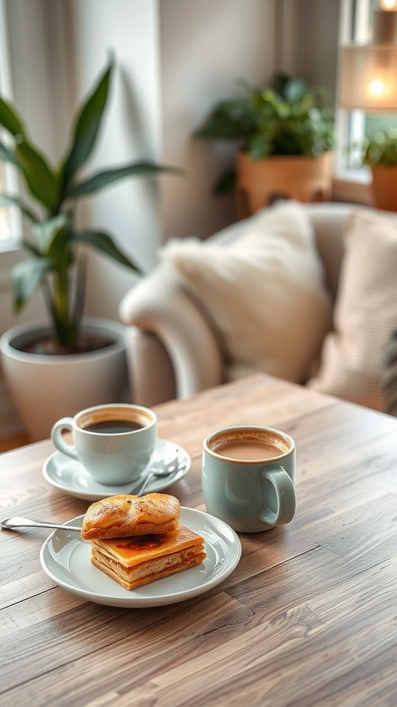 A cozy coffee and dessert pairing area with two cups of coffee and a pastry on a wooden table.