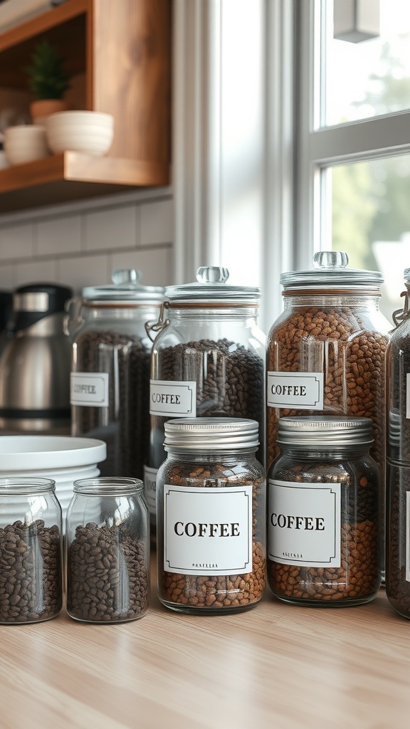 A collection of glass jars filled with coffee beans, neatly labeled and displayed on a kitchen counter.