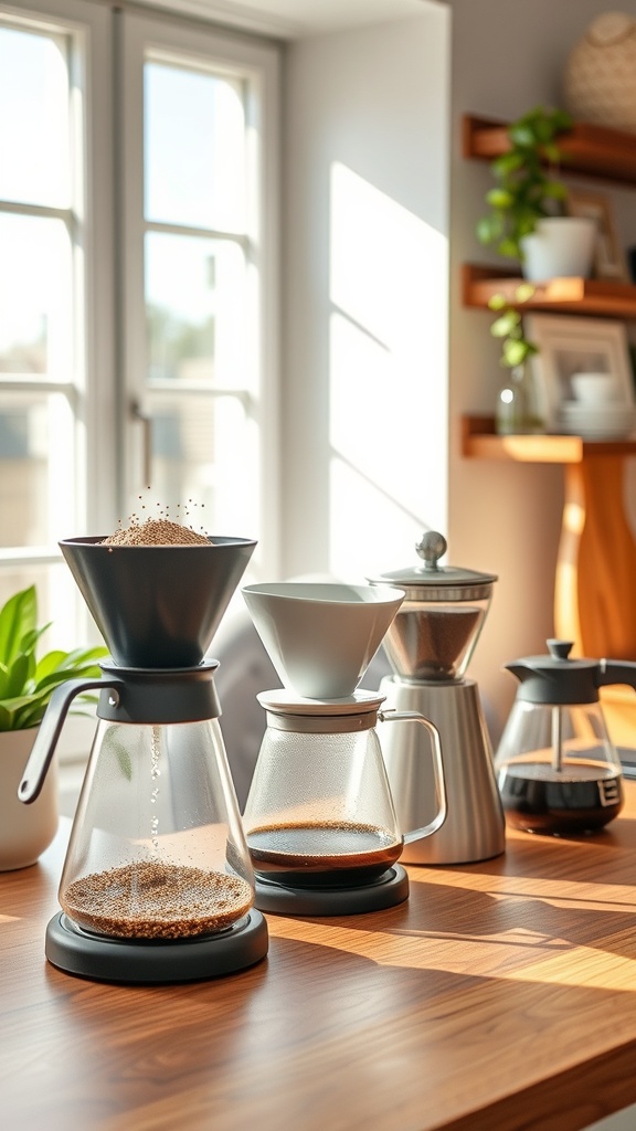 A selection of coffee brewing equipment including a pour-over, grinder, and coffee maker on a wooden table.