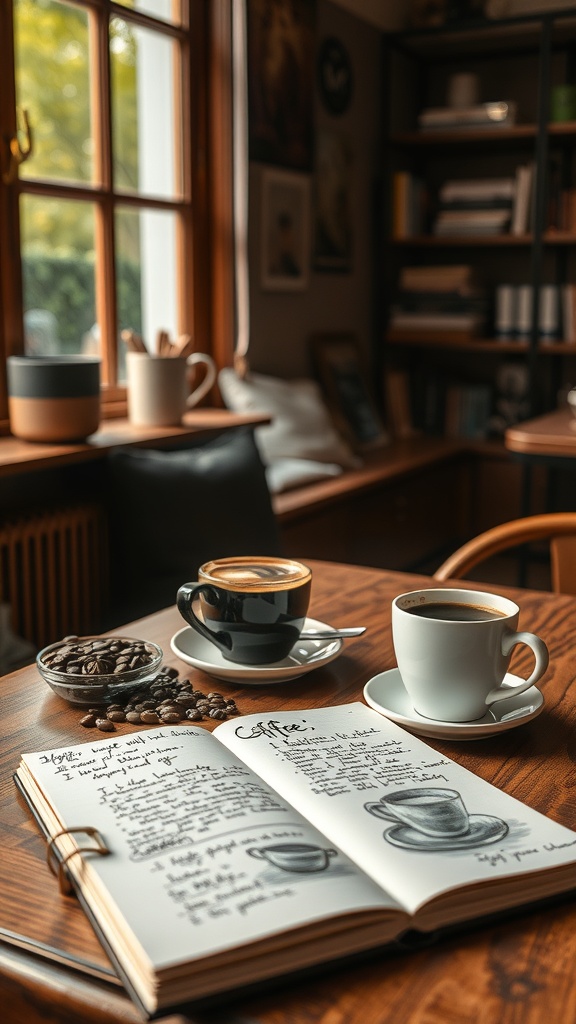 A cozy coffee setup featuring two cups of coffee, a bowl of coffee beans, and an open journal with handwritten notes.
