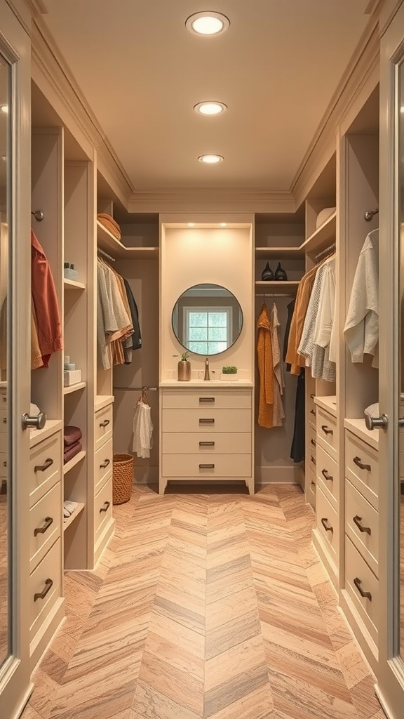 A walk-through closet leading to a farmhouse bathroom, featuring a cohesive color palette with soft neutrals and warm tones.