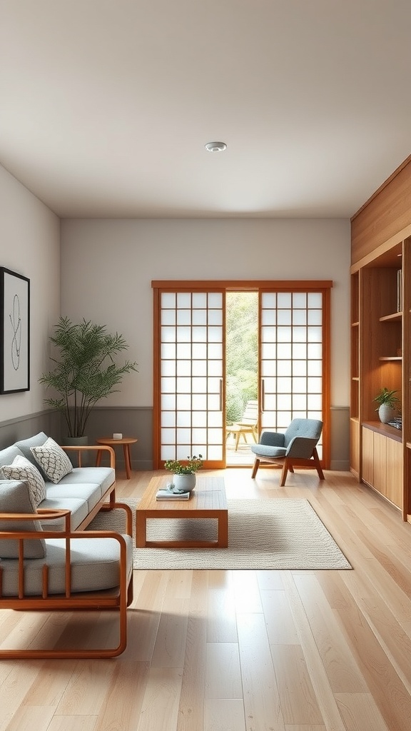 A cozy interior featuring a mix of Scandinavian and Japanese design elements, showcasing a light color palette and natural materials.