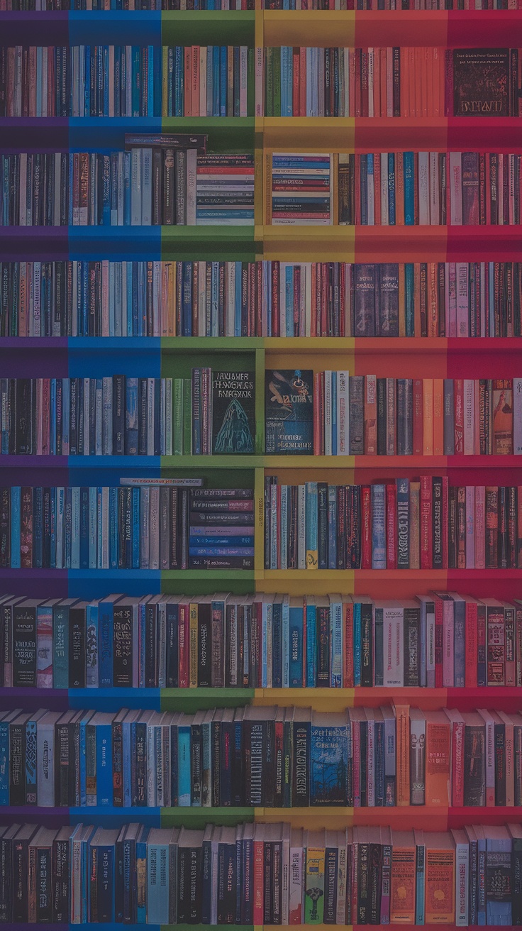 A bookshelf displaying books arranged by color, creating a vibrant and organized look.