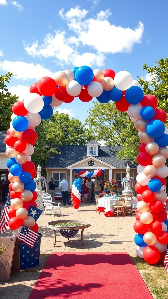 A vibrant balloon arch in red, white, and blue at a festive outdoor gathering.