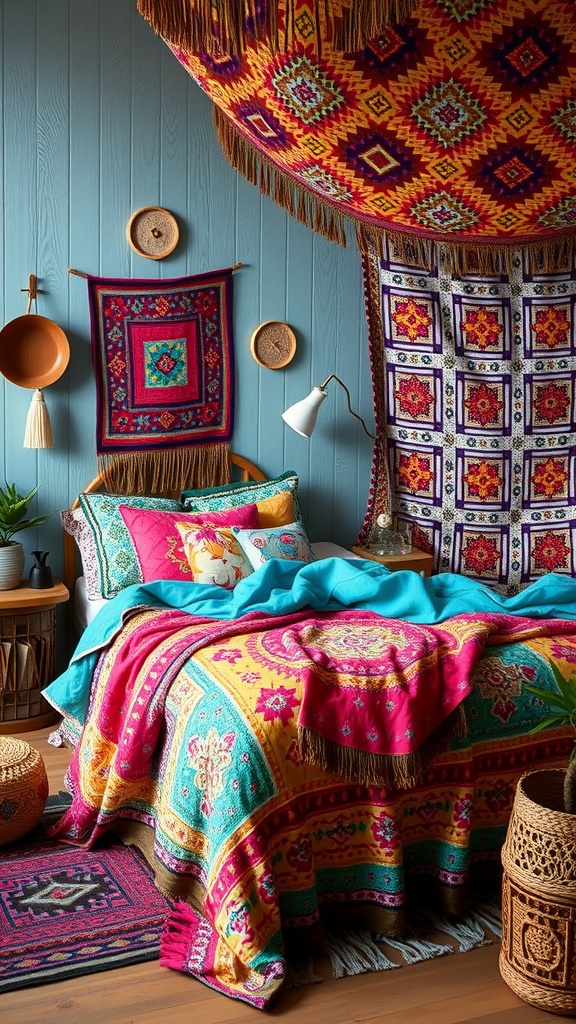 A vibrant boho chic bedroom featuring colorful bedspreads and quilts.