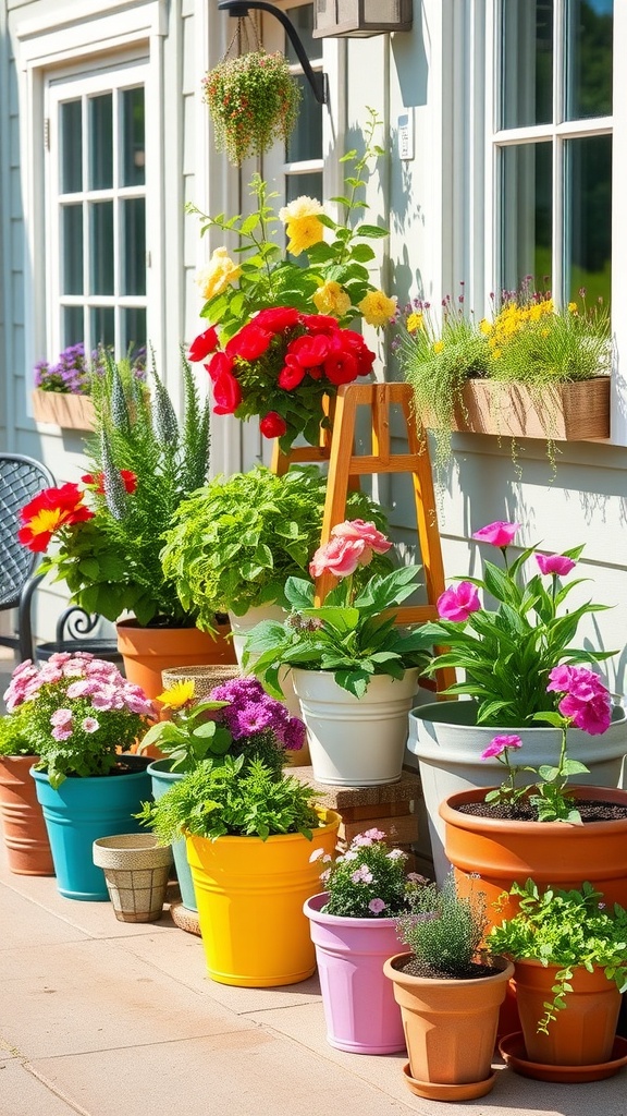 A variety of colorful flower pots filled with blooming plants and flowers near a house.