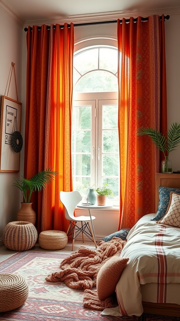 A boho chic bedroom featuring colorful orange curtains, a cozy bed, and decorative elements.