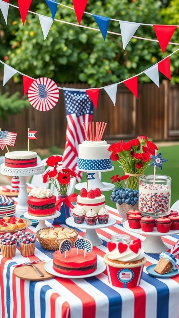 A vibrant dessert table featuring red, white, and blue themed treats for Independence Day.