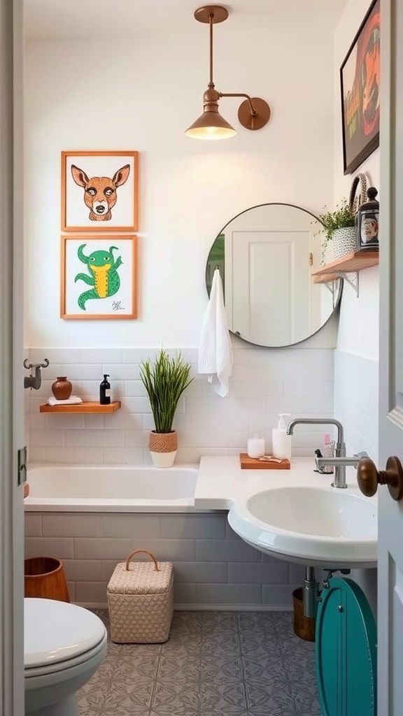 A colorful bathroom with eclectic decor including animal art, plants, and unique lighting.
