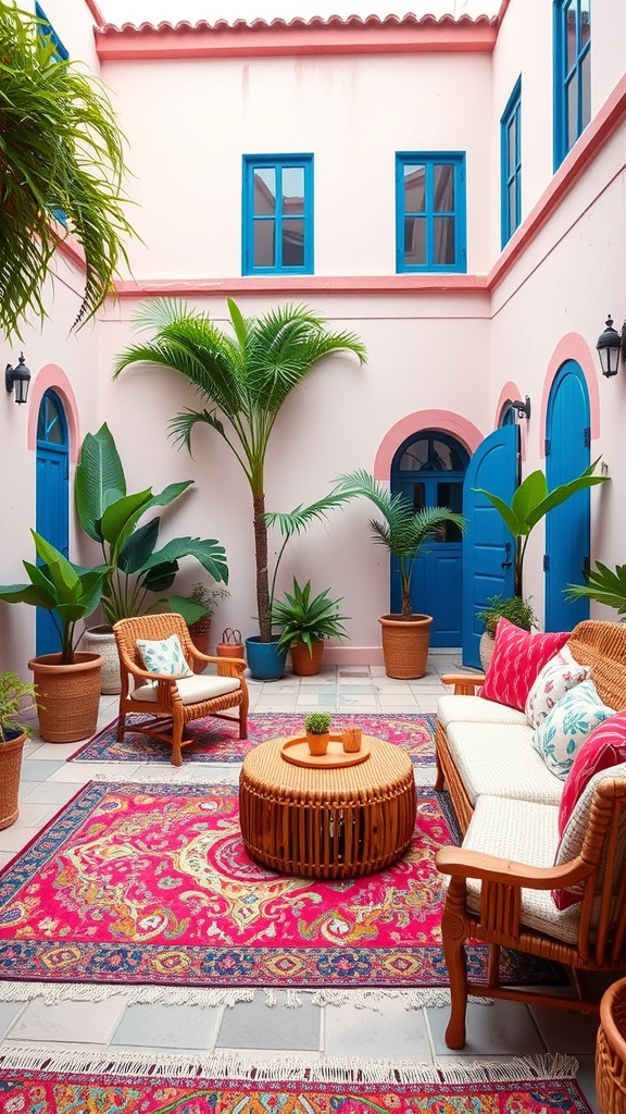 A stylish courtyard lounge featuring a colorful outdoor rug, comfortable seating, and potted plants.