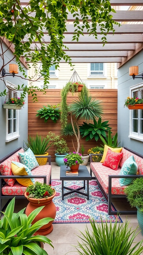 A cozy patio with colorful seating, plants, and a decorative rug.