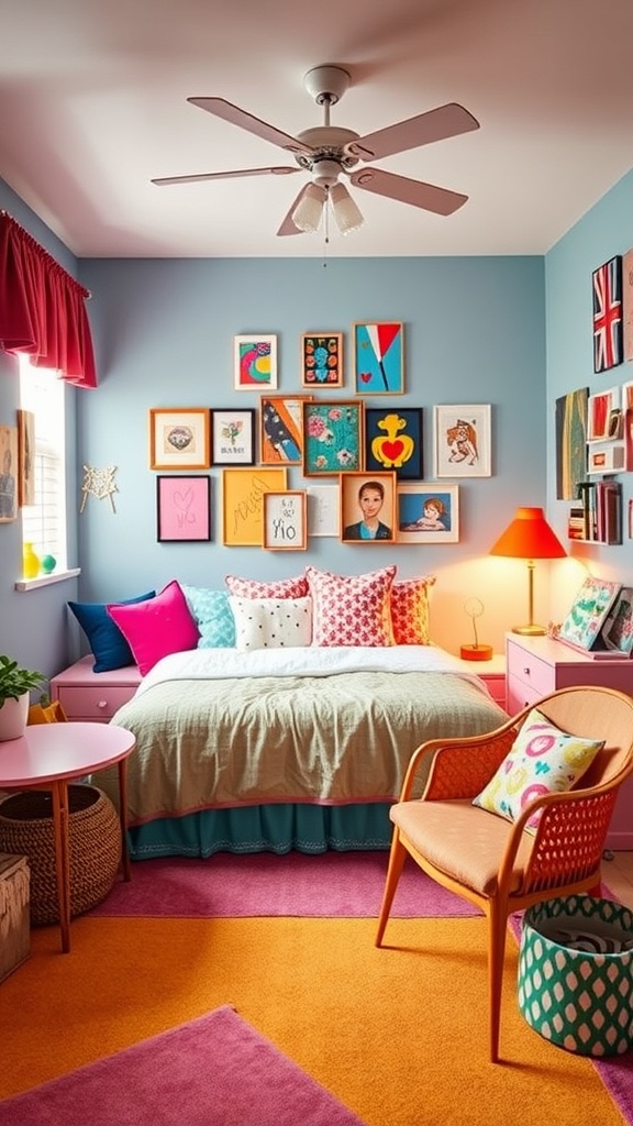 A vibrant bedroom featuring colorful pop art, bright pillows, and playful decor.