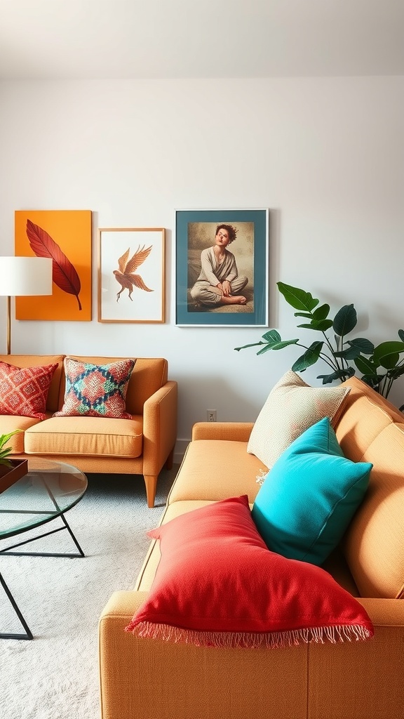 A living room featuring colorful throw pillows on an orange sofa.