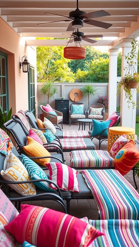 Cozy seating area on a backyard patio with colorful throw pillows and blankets, surrounded by lush greenery.