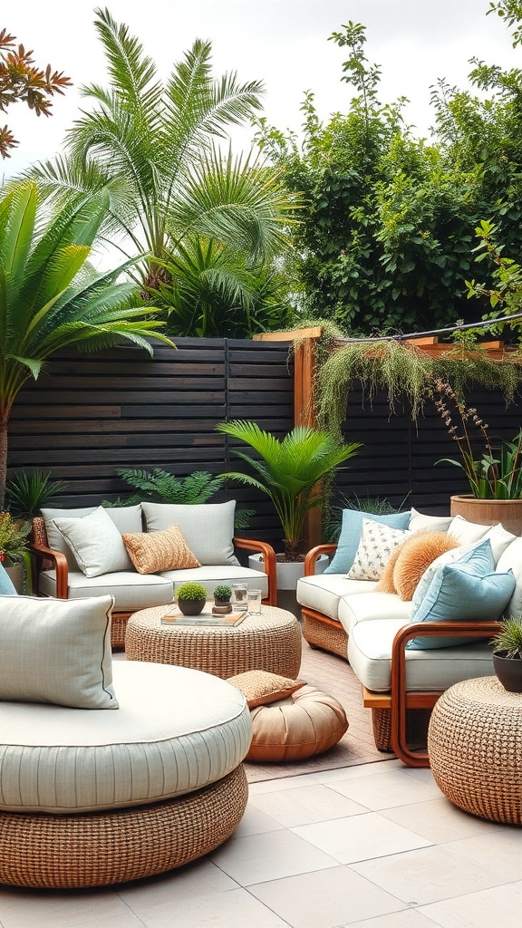 A cozy outdoor lounge area with comfortable seating and lush greenery.