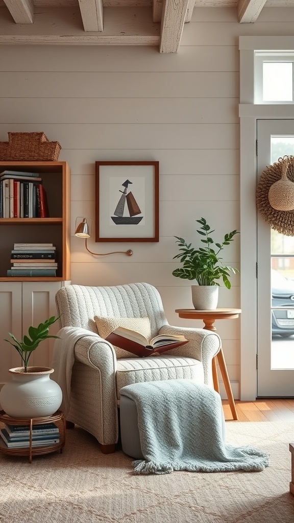 A cozy reading nook featuring a comfortable chair, a book, and plants.