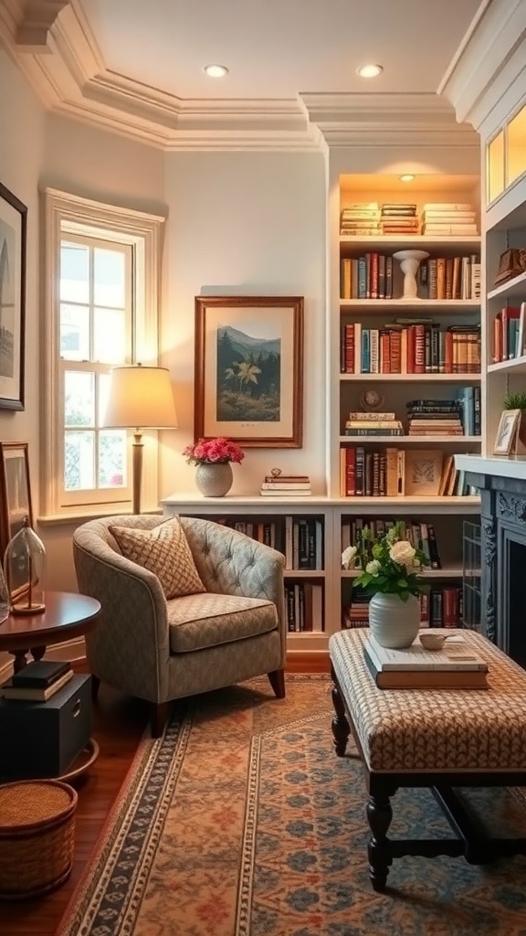 A cozy reading nook with a comfortable chair, bookshelves, and warm lighting.