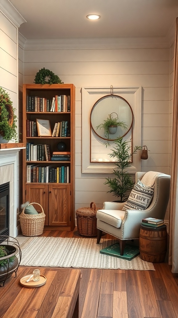 A cozy reading nook featuring a comfortable chair, a bookshelf filled with books, and decorative plants.