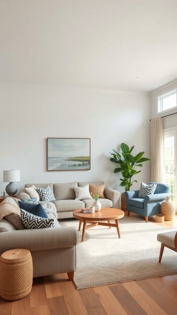 A contemporary farmhouse living room with comfortable seating arrangements, featuring a light-colored sofa, blue armchair, and decorative pillows.