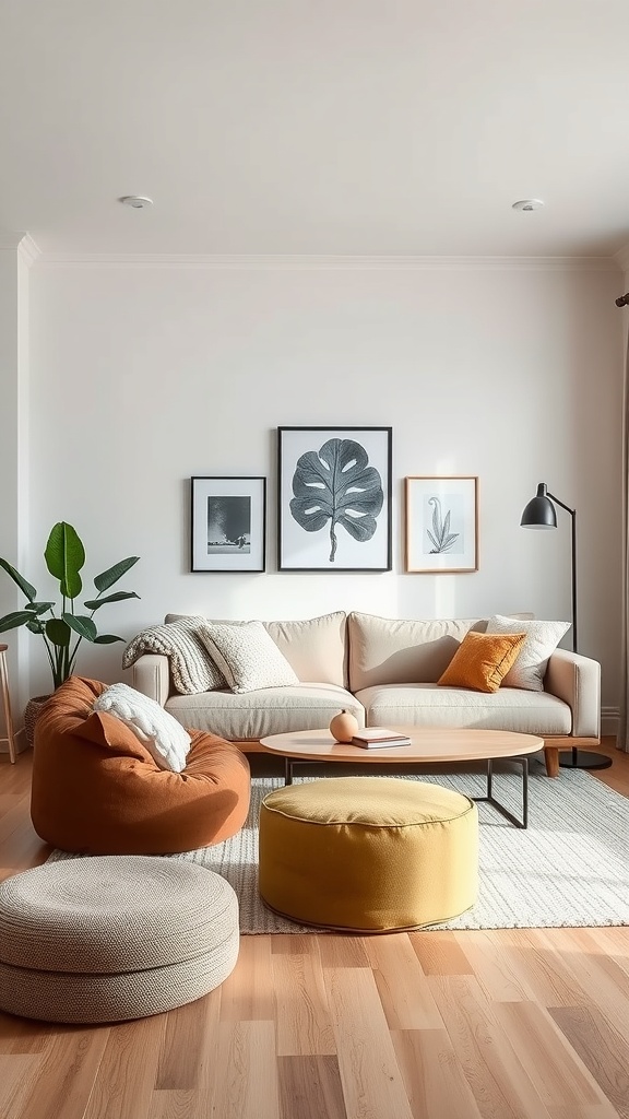 A stylish living room with a beige sofa, colorful poufs, and modern decor.