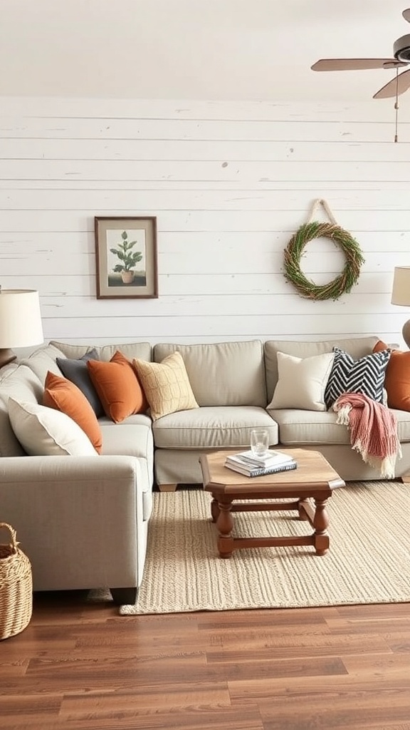 A cozy living room featuring a light-colored sectional sofa with colorful pillows, a wooden coffee table, and a warm rug.