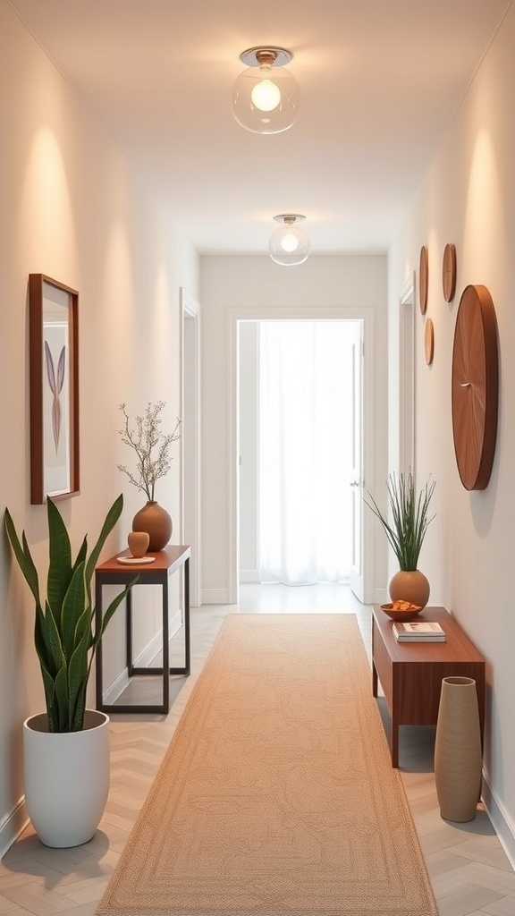 A modern hallway with soft lighting, minimal decor, and a plant at the end.