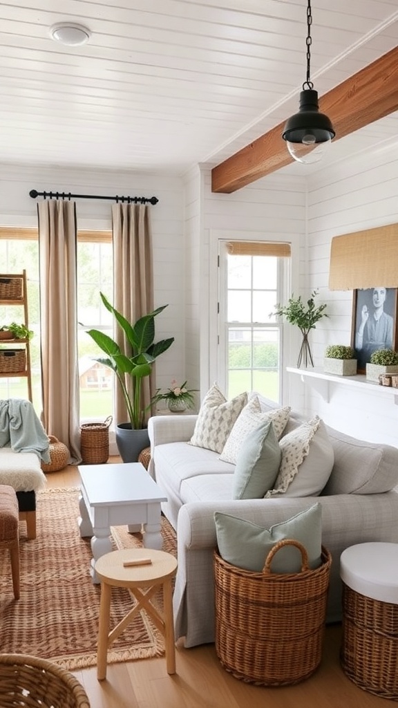 A cozy farmhouse living room with coordinated textiles, featuring a light sofa, patterned cushions, and natural decor.