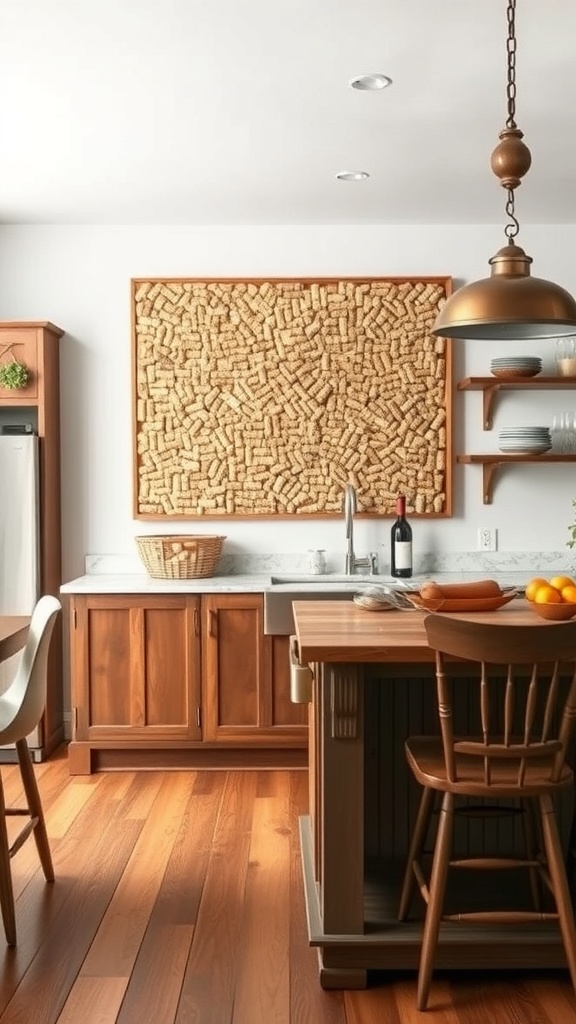 A rustic cork board wall art made from wine corks, displayed in a cozy kitchen.