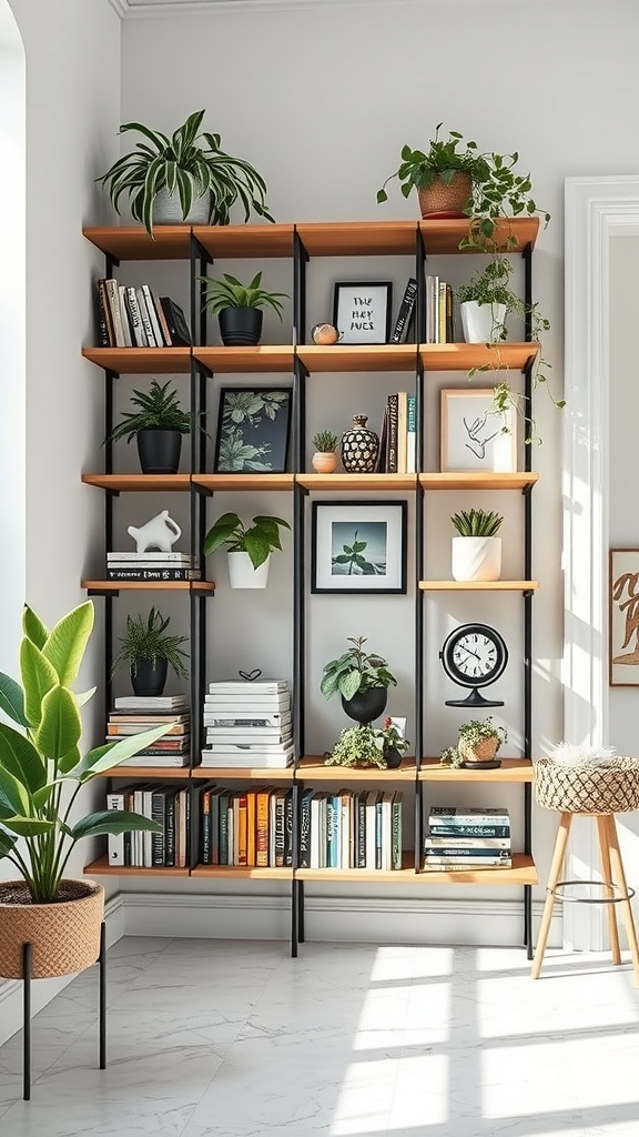 Stylish corner shelving unit with plants and books