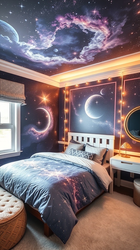 A cozy bedroom with a galaxy-themed mural, colorful bedding, and soft lighting.