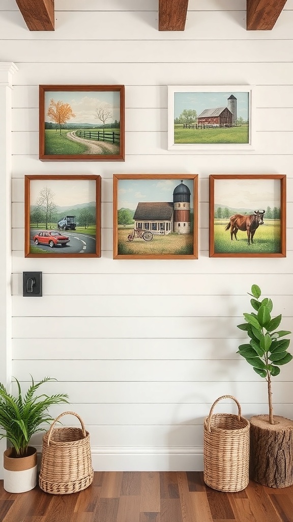 A collection of country-inspired artwork featuring landscapes and farm scenes in wooden frames on a wall.