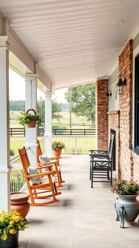 A country-style porch featuring rocking chairs, flower pots, and a scenic view.