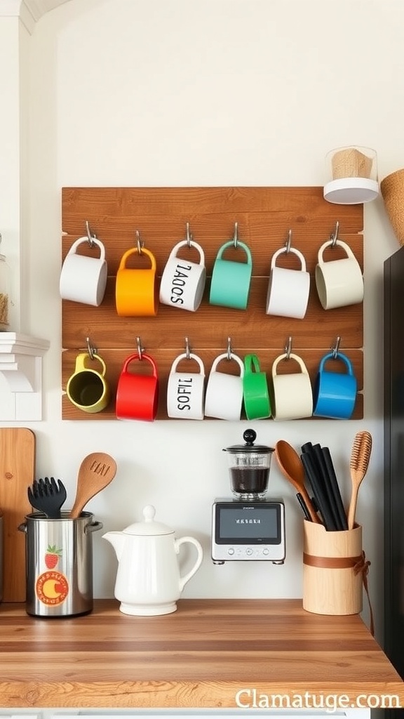 A rustic coffee mug rack displaying colorful mugs on a wooden background.