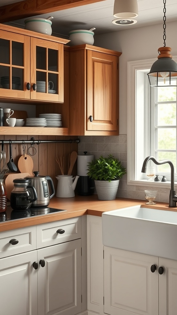 A rustic country kitchen coffee setup featuring wooden cabinets, a coffee maker, and a potted plant.